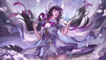 1girl absurdres adeusak black_hair bug butterfly closed_eyes columbina_(genshin_impact) commentary cowboy_shot dress english_commentary eye_mask facing_viewer falling_petals feathered_wings floating_hair flower full_moon genshin_impact hands_up head_wings highres insect lipstick long_hair makeup mask moon multicolored_hair night outdoors parted_lips petals pink_hair red_lips solo very_long_hair watermark white_dress white_mask white_wings wings