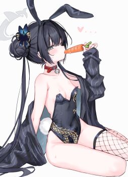 ... 1girl absurdres alternate_costume animal_collar animal_ear_hairband animal_ears bare_shoulders bell black_hair black_hairband black_leotard blue_archive blush braid braided_bun breasts butterfly_hair_ornament carrot carrot_in_mouth coat coat_partially_removed collar collarbone covered_navel double_bun dragon_print fake_animal_ears fake_tail fingernails fishnet_thighhighs fishnets grey_coat grey_eyes grey_halo hair_bun hair_ornament hair_over_shoulder hairband half-closed_eyes halo hand_up heart highleg highleg_leotard highres holding holding_carrot jingle_bell kisaki_(blue_archive) leotard loli long_hair long_sleeves looking_at_viewer nipple_slip nipples off_shoulder open_clothes open_coat oversized_breast_cup pinstripe_pattern playboy_bunny rabbit_ears rabbit_tail red_collar saliva shouu-kun simple_background single_fishnet_legwear single_thighhigh sitting sleeves_past_wrists small_breasts solo strapless strapless_leotard striped_coat sweat tail thighhighs thighs tongue tongue_out twintails vertical-striped_coat very_long_hair white_background
