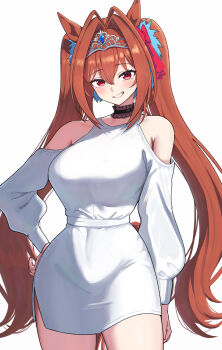 1girl absurdres alternate_costume animal_ears antenna_hair bare_shoulders black_choker blush bow breasts brown_hair choker cleavage clothing_cutout commentary_request cowboy_shot daiwa_scarlet_(umamusume) dress frilled_choker frills grin hair_bow hair_intakes hand_on_own_hip highres horse_ears horse_girl horse_tail long_sleeves looking_at_viewer puffy_long_sleeves puffy_sleeves red_bow red_eyes shoulder_cutout simple_background smile solo tail take978733141 thighs tiara umamusume white_background white_dress