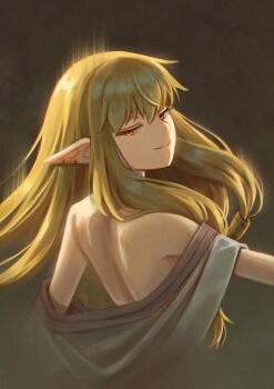 1girl absurdres bare_shoulders blonde_hair closed_mouth commentary earrings elf english_commentary hair_between_eyes hair_tubes half-closed_eyes highres jewelry long_hair loose_clothes milgtea pointy_ears serie_(sousou_no_frieren) sidelocks simple_background smile solo sousou_no_frieren straight_hair upper_body yellow_eyes