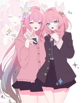 2girls ;o alternate_costume aqua_hair black_coat black_skirt blue_eyes coat commentary_request corrupted_twitter_file cyrene_(demiurge)_(honkai:_star_rail) cyrene_(honkai:_star_rail) cyrene_(philia093)_(honkai:_star_rail) diamond-shaped_pupils diamond_(shape) dual_persona flower hair_flower hair_ornament highres honkai:_star_rail honkai_(series) looking_at_viewer miniskirt multicolored_hair multiple_girls nemui_02190 one_eye_closed pink_hair pink_sweater_vest pointy_ears purple_eyes shirt skirt sweater_vest symbol-shaped_pupils thighs white_background white_hair white_shirt zoom_layer