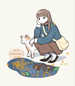 1girl bag black_eyes black_shoes blue_shirt brown_cat brown_hair brown_skirt cat closed_mouth commentary cream_background falling_leaves flats full_body gesooo_4 highres leaf long_hair long_skirt long_sleeves original puddle reflection shirt shoes shoulder_bag simple_background skirt smile socks solid_oval_eyes solo squatting watermark white_bag white_cat white_socks