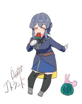 Rule 34 | 1girl, absurdres, black neckerchief, black thighhighs, blue hair, blue skirt, blush, character name, closed eyes, dated, eating, food, fruit, gloves, gotland (kancolle), grey footwear, highres, inica, kantai collection, long hair, military uniform, mole, mole under eye, neckerchief, one-hour drawing challenge, rabbit, signature, skirt, thighhighs, watermelon, white background, white gloves