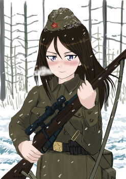 1girl absurdres ammunition_pouch bag belt belt_pouch blue_eyes bolt_action breath brown_hair closed_mouth cold commentary_request garrison_cap girls_und_panzer gun gun_sling gymnastiorka hammer_and_sickle hat highres holding holding_gun holding_weapon jacket long_hair military military_hat military_jacket military_uniform mosin-nagant nonna_(girls_und_panzer) porotto_yontouhei pouch purple_eyes rifle scope shoulder_bag smile sniper_rifle snow snowing solo soviet soviet_army star_(symbol) tree upper_body weapon world_war_ii