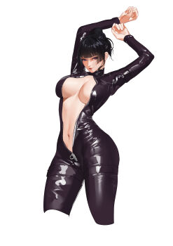 1girl absurdres black_bodysuit black_hair blunt_bangs bodysuit breasts catsuit cleavage dead_or_alive female_focus highres large_breasts looking_at_viewer mole mole_under_mouth navel no_bra nyotengu open_clothes purple_eyes raywallin simple_background smile solo unzipped unzipping white_background