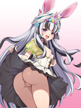 1girl :d animal_ears anus ass black_hair breasts cleft_of_venus clothes_lift commentary_request commission fire_emblem fire_emblem_engage fire_emblem_heroes from_behind gradient_background hair_ornament highres lifting_own_clothes long_hair looking_back multicolored_hair nintendo nipples official_alternate_costume open_mouth pink_background presenting purple_eyes pussy pussy_juice rabbit_ears skeb_commission skirt skirt_lift small_breasts smile solo thighs two-tone_hair uncensored upskirt veyle_(fire_emblem) veyle_(spring)_(fire_emblem) yotubeya