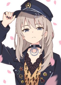 Rule 34 | 1girl, absurdres, adjusting clothes, adjusting headwear, animal print, black choker, black jacket, black nails, blue eyes, blue hat, choker, collarbone, commentary request, falling petals, frown, girls band cry, grey hair, hair between eyes, hair ornament, hat, highres, jacket, jewelry, kawaragi momoka, leopard print, light blush, long hair, long sleeves, looking at viewer, mimori (mimori 05), nail polish, open clothes, open jacket, orange hair, petals, pin, pink petals, ring, sidelocks, simple background, solo, upper body, v-neck, white background