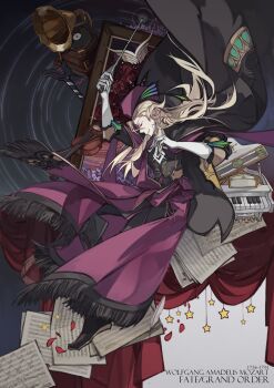 1boy absurdres arm_up black_background black_boots black_cape black_jacket black_pants boots bow_(music) cape character_name closed_eyes conductor_baton copyright_name curtains drawing_(object) erm_(doubledream) fate/grand_order fate_(series) floating_cape flower fringe_trim from_side full_body gloves grand_piano hair_between_eyes hair_rings hat highres holding holding_wand instrument jacket long_hair male_focus pants parted_lips petals phonograph piano profile purple_flower purple_hat purple_sash red_flower red_rose rose sash sheet_music smile solo stage_curtains star_(symbol) star_trail violin waist_cape wand white_gloves wolfgang_amadeus_mozart_(fate)