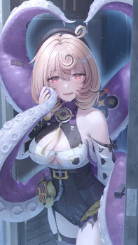 1girl absurdres bare_shoulders black_hat black_shorts blonde_hair breasts cleavage cleavage_cutout clothing_cutout commentary_request cowboy_shot doorway fingernails hair_between_eyes hat high-waist_shorts highres holding_tentacle large_breasts long_fingernails looking_at_viewer mole mole_under_mouth mrotan multicolored_hair nail_polish open_mouth pov_doorway purple_nails red_eyes ringed_eyes short_hair shorts side_ahoge smile solo streaked_hair tentacles thighs yidhari_murphy zenless_zone_zero