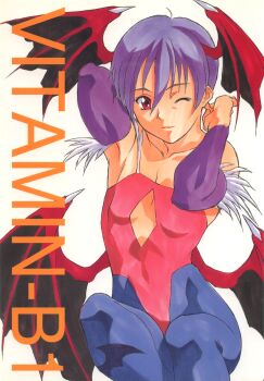 1girl animal_print arms_up bat_print bat_wings bridal_gauntlets darkstalkers demon_girl diamond_cutout feet_out_of_frame flat_chest head_wings highleg highleg_leotard highres leotard lilith_(darkstalkers) looking_at_viewer multiple_wings non-web_source one_eye_closed painting_(medium) pantyhose print_pantyhose purple_hair red_eyes red_leotard red_wings short_hair simple_background sitting solo take.s traditional_media watercolor_(medium) white_background wings