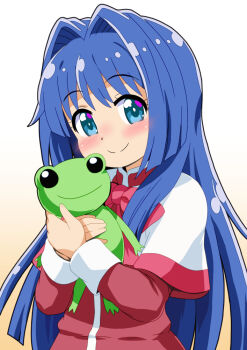 1girl blue_eyes blue_hair blush bow capelet closed_mouth commentary_request dress frog hair_intakes hugging_object kanon keropii long_hair long_sleeves looking_at_viewer minase_nayuki mizusaki_johnko red_bow red_dress school_uniform simple_background smile solo stuffed_animal stuffed_toy upper_body white_capelet white_wrist_cuffs wrist_cuffs