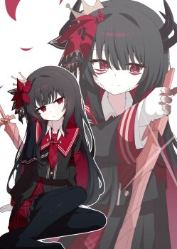 1girl absurdres armband black_dress black_hair black_horns black_pantyhose colored_inner_hair crown demon_horns dress expressionless extra_eyes flower gloves hagoonha hair_flower hair_ornament head_tilt highres hime_cut holding holding_sword holding_weapon horns long_hair looking_at_viewer magical_girl mahou_shoujo_no_majo_saiban multicolored_hair multiple_views necktie nikaido_hiro no_shoes pantyhose red_armband red_eyes red_flower red_necktie scales simple_background sitting spoilers sword torn_clothes torn_gloves very_long_hair weapon white_background white_gloves