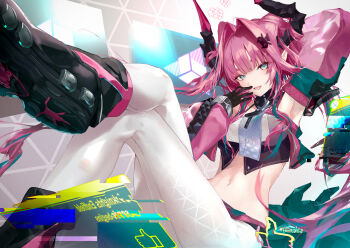 Rule 34 | 1girl, absurdres, arknights, arknights: endfield, black boots, black garter straps, black horns, blue eyes, boots, breasts, commentary request, garter straps, hair intakes, hair on horn, highres, holographic interface, horns, jacket, large breasts, long hair, looking at viewer, midriff, multicolored horns, navel, pants, pink hair, pink horns, pink jacket, pink tube top, pointy ears, sakusyo, solo, strapless, tube top, two-tone horns, very long hair, white pants, yvonne (arknights)