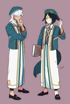 Rule 34 | 2boys, alternate costume, animal ear fluff, animal ears, aqua hat, aqua jacket, artist name, beret, black hair, black shoes, blunt ends, book, bright pupils, brown background, closed mouth, cyno (genshin impact), dark-skinned male, dark skin, fox boy, fox ears, fox tail, full body, genshin impact, green eyes, green hair, hair between eyes, hand on own chin, hand up, hat, highres, holding, holding book, jacket, korean commentary, long hair, long sleeves, looking at viewer, male focus, multicolored hair, multiple boys, open clothes, open jacket, pants, red eyes, shirt, shoes, short hair, simple background, standing, streaked hair, tail, tighnari (genshin impact), to dot , two-tone hair, white hair, white pants, white pupils, white shirt