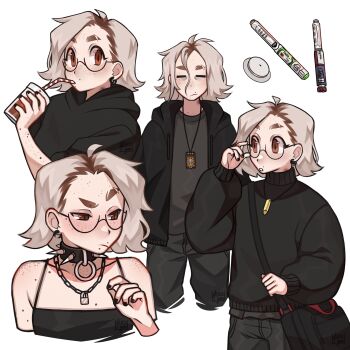 Rule 34 | 1girl, adjusting eyewear, androgynous, autoinjector, bag, black camisole, black hoodie, black nails, black pants, black sweater, blonde hair, body freckles, brown eyes, brown hair, bullet, camisole, chain, chain necklace, collar, commentary, drinking straw, earrings, english commentary, eyebrow cut, freckles, frown, glasses, gluca, hair between eyes, highres, hood, hoodie, infusion set, jewelry, lanyard, medium hair, mole, mole above mouth, mole on neck, mole under mouth, multicolored hair, multiple moles, necklace, pants, raised eyebrows, real life, roots (hair), self-portrait, shoulder freckles, spaghetti strap, spiked collar, spikes, sweater, syringe, thick eyebrows, turtleneck, turtleneck sweater, two-tone hair