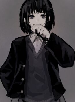 1girl cardigan greyscale hand_in_pocket holding holding_pen jacket long_sleeves looking_at_viewer monochrome nib_pen_(object) open_clothes open_jacket original pen shinjitsu_no_kuchi shirt short_hair solo upper_body