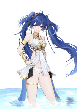1girl absurdres ahoge armlet bare_shoulders bell_(only-id_228) blue_eyes blue_hair breasts commentary_request gold_armlet gold_thighlet gold_vambraces hand_on_own_hip highres iuno_(wuthering_waves) jewelry laurel_crown long_hair looking_at_viewer medium_breasts panties partial_commentary showgirl_skirt smile solo thighlet twintails underwear vambraces very_long_hair wading water white_background white_panties wuthering_waves