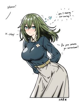 1girl aqua_eyes blue_shirt blush breasts collared_shirt commentary cropped_legs english_commentary english_text green_eyes grey_shirt grey_skirt hibarakirari highres large_breasts layered_shirt leaning_forward long_hair long_sleeves looking_at_viewer shirt shirt_tucked_in simple_background skirt solo venus_(zenless_zone_zero) white_background zenless_zone_zero