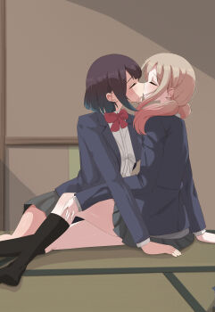 2girls absurdres bad_girl_(manga) black_hair black_jacket black_socks blazer blonde_hair blue_hair blush bow bowtie closed_eyes commentary_request gradient_hair highres indoors jacket kiss kneehighs multicolored_hair multiple_girls pink_hair red_bow red_bowtie school_uniform shadow shirt side_ponytail socks suzukaze_suzu tatami white_shirt yuri yuriyurisuki yuutani_yuu