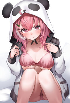 1girl alternate_breast_size_(larger) animal_costume arou_(arrow_x666) bra breasts commentary hair_ornament hairclip highres large_breasts looking_at_viewer multicolored_hair nijisanji nipples panda_costume panties pink_bra pink_hair pink_panties sasaki_saku sasaki_saku_(11th_costume) simple_background sitting solo streaked_hair underwear virtual_youtuber white_background white_hair