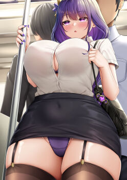 1girl 2boys :o absurdres alternate_breast_size bag black_hair black_skirt blush bra bra_peek breast_pocket breasts bursting_breasts button_gap cameltoe cleavage collared_shirt covered_navel curvy flower garter_straps genshin_impact handbag highres holding holding_pole kusana_(dudqja602) large_breasts lingerie long_hair long_sleeves microskirt multiple_boys nail_polish office_lady panties pantyshot parted_lips partially_unbuttoned pencil_skirt pocket pole purple_eyes purple_flower purple_hair purple_nails purple_panties raiden_shogun school_uniform shirt skirt solo_focus thick_thighs thighhighs thighs train train_interior unbuttoned unbuttoned_shirt undersized_clothes underwear white_shirt zettai_ryouiki