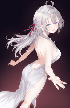 1girl absurdres ahoge alisa_mikhailovna_kujou artist_name ass audirenze backless_dress backless_outfit blue_eyes breasts commentary_request double-parted_bangs dress earrings evening_gown feet_out_of_frame floating_hair from_side gold_choker gradient_background grey_dress grey_hair hair_between_eyes hair_ribbon highres jewelry large_breasts long_hair looking_at_viewer open_mouth outstretched_arms reaching reaching_towards_viewer red_ribbon ribbon side_slit sideless_dress smile solo standing tokidoki_bosotto_roshia-go_de_dereru_tonari_no_alya-san turning_head