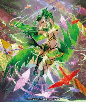 1girl arm_up armpits bikini breasts copyright_notice gloves green_bikini green_eyes green_gloves green_shoes green_thighhighs grey_hair large_breasts looking_at_viewer medium_hair moreshan navel official_art outdoors sanga_(wixoss) shoes solo swimsuit thighhighs wixoss