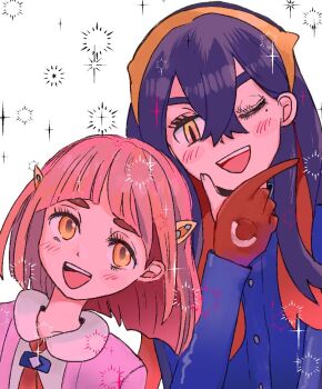 2girls :d ;d amechanzero arched_bangs black_hair blue_jacket blush brown_eyes cardigan carmine_(pokemon) colored_inner_hair crossed_bangs gloves hair_between_eyes hair_ornament hairband hairclip jacket lacey_(pokemon) long_hair long_sleeves looking_at_another mole mole_under_eye multicolored_hair multiple_girls nintendo one_eye_closed open_mouth partially_fingerless_gloves pink_cardigan pink_hair pokemon pokemon_sv red_gloves red_hair short_hair smile teeth two-tone_hair upper_teeth_only white_background yellow_eyes yellow_hairband