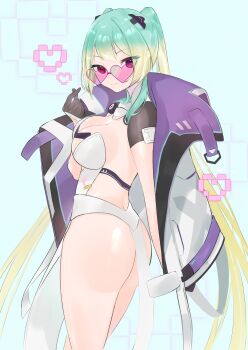 1girl absurdres artist_request ass blonde_hair breasts character_request cleavage female_focus gloves green_hair hair_ornament heart heart-shaped_eyewear highres jacket long_hair looking_at_viewer looking_over_eyewear looking_over_glasses multicolored_hair open_clothes pink-tinted_eyewear pink-tinted_glasses purple_eyes smile solo sunglasses tagme thighs tinted_eyewear twintails very_long_hair world_flipper