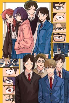 Rule 34 | 4boys, 4girls, black-framed eyewear, black eyes, black hair, black jacket, black socks, black sweater, black sweater vest, blazer, blue jacket, blue sandals, blue skirt, braid, brown hair, brown sweater, close-up, collared shirt, commentary request, dress shirt, eyebrow cut, fujii ayame, futsuu no keion-bu, glasses, hair ornament, hairpin, half-closed eyes, hands in pockets, hatono chihiro, heartbreak (futsuu no keion-bu), highres, hood, hood down, hoodie, im edamame, jacket, kouyama rin, lapels, long hair, long sleeves, looking at another, mizuo haruichi, mole, mole under eye, multiple boys, multiple girls, neck ribbon, notched lapels, open clothes, open jacket, parted bangs, pink hoodie, pixie cut, pleated skirt, protocol. (futsuu no keion-bu), purple eyes, purple hair, red eyes, red hair, red ribbon, ribbon, sandals, sanpaku, school uniform, shirt, shirt tucked in, short hair, skirt, slides, small sweatdrop, smile, socks, sweater, sweater vest, taguchi ryuuya, takami kouki, tohno gen, tsurime, twin braids, twintails, uchida momo, upper body, white shirt, wing collar, winter uniform, wolf cut