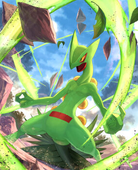 arm_blade blurry blurry_background colored_sclera colored_skin commentary cutting debris forest full_body gen_3_pokemon green_skin green_tail highres karamimame leaf nature nintendo open_mouth outdoors pokemon pokemon_(creature) sceptile slashing solo weapon yellow_sclera