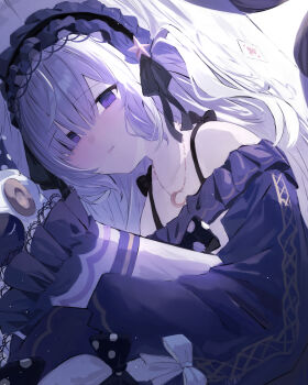 1girl a_sayu absurdres black_bow black_ribbon blue_hairband bow closed_mouth commentary_request crescent crescent_necklace gothic_lolita hair_over_one_eye hair_ribbon hairband highres holding holding_pillow jewelry lolita_fashion lolita_hairband long_hair long_sleeves lying mahou_shoujo_no_majo_saiban natsume_an-an necklace on_side pillow polka_dot polka_dot_bow purple_eyes ribbon sleeves_past_fingers sleeves_past_wrists solo stuffed_animal stuffed_sheep stuffed_toy upper_body white_hair