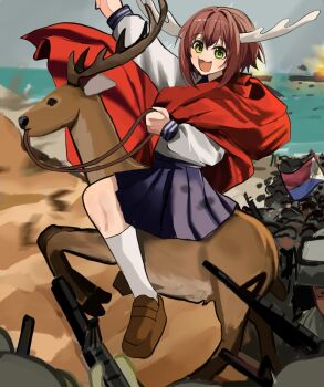 Rule 34 | 1girl, 6+boys, :d, antlers, arm up, assault rifle, blue skirt, brown footwear, brown hair, cape, combat helmet, commentary, deer, deer antlers, deer girl, english commentary, fine art parody, from side, green eyes, green hat, gun, hat, helmet, highres, holding, holding riding crop, horns, kneehighs, long sleeves, looking at viewer, military uniform, miniskirt, multiple boys, mykokampfwagen, napoleon crossing the alps, open mouth, parody, philippine flag, pleated skirt, puffy long sleeves, puffy sleeves, red cape, riding, riding animal, riding crop, rifle, school uniform, shikanoko noko, shikanoko nokonoko koshitantan, shirt, skirt, smile, socks, weapon, white shirt, white socks