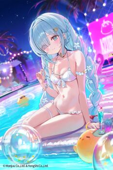 1girl azur_lane bad_source bare_shoulders bikini blue_eyes blue_hair braid breasts hair_ornament hair_over_one_eye highres janus_(azur_lane) long_hair manjuu_(azur_lane) navel official_art pool small_breasts solo swimsuit thighs white_bikini