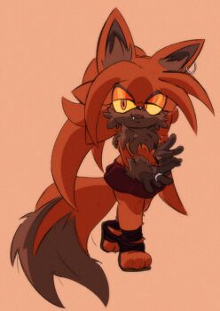 animal_ear_fluff bad_tag colored_sclera dark_skin ear_piercing earrings eyeshadow fox_girl hoop_earrings hourglass jewelry kmax makeup miniskirt non-web_source orange_eyeshadow orange_fur original piercing ring sandals skirt sonic_(series) svari_the_fox tail topless_female yellow_sclera