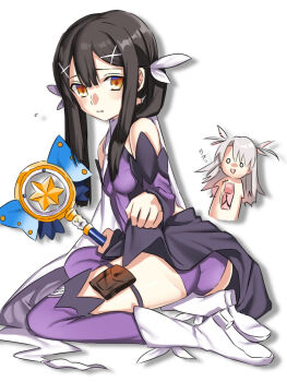 2girls ^^^ ameman ass bare_shoulders black_hair black_skirt blunt_bangs boots breasts cape chibi clothes_lift commentary_request detached_sleeves double-parted_hair fate/kaleid_liner_prisma_illya fate_(series) full_body hair_between_eyes hair_ornament hairclip holster illyasviel_von_einzbern kaleidostick leotard lifting_own_clothes long_hair long_sleeves looking_at_viewer magical_girl magical_sapphire miyu_edelfelt miyu_edelfelt_(magical_girl) multiple_girls o_o orange_eyes purple_leotard purple_thighhighs sidelocks simple_background sitting skirt skirt_lift small_breasts solo_focus switch thigh_holster thighhighs translated twintails white_background white_cape white_footwear x_hair_ornament