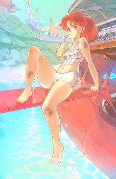 1990s_(style) 1girl aircraft airplane bare_shoulders barefoot breasts camisole clothesline day dirty dirty_face drinking drinking_straw female_focus fio_piccolo full_body high_ponytail highres knee_up kurenai_no_buta long_hair looking_at_viewer midriff navel ocean outdoors ponytail propeller red_hair retro_artstyle rtil savoia_s.21 short_shorts shorts sitting small_breasts soaking_feet solo studio_ghibli sweatdrop toes water wrench