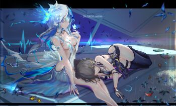 2girls black_gloves black_thighhighs blue_butterfly blue_hair blue_veil breasts bug butterfly butterfly_on_hand colored_eyelashes commentary_request cross-laced_clothes cross-laced_top dress english_text female_rover_(wuthering_waves) gloves grey_hair highres insect lap_pillow long_hair lying medium_breasts multiple_girls on_side partially_fingerless_gloves purple_eyes purple_pupils rover_(wuthering_waves) see-through_clothes see-through_dress shorekeeper_(wuthering_waves) thighhighs two-tone_veil veil wangchuan_de_quanyan white_dress white_veil wuthering_waves yellow_eyes
