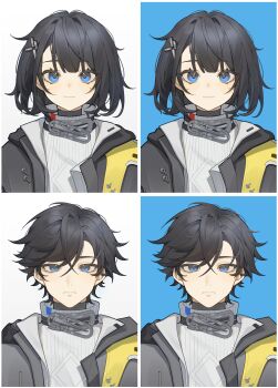 1boy 1girl absurdres arknights arknights:_endfield black_hair black_jacket blue_background blue_eyes chinese_commentary closed_mouth commentary commentary_request diamond-shaped_pupils diamond_(shape) endministrator_(arknights) expressionless female_endministrator_(arknights) grey_sweater highres jacket light_smile looking_at_viewer male_endministrator_(arknights) multiple_views no_mask open_clothes open_jacket short_hair sweater symbol-shaped_pupils upper_body white_background yixiaoyi