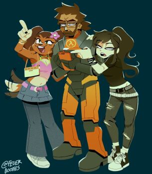 1boy 2girls animal_ears bag beard belt black_hair breasts cellphone class_of_09 cleavage commentary crossover dachshund denim dog_ears dog_girl dog_tail emo_fashion english_commentary facial_hair fever_el_cacas flower furry furry_female glasses gordon_freeman green_eyes hair_flower hair_ornament half-life half-life_(series) half-life_2 half-life_vr_but_the_ai_is_self-aware handbag holding holding_phone jeans littlest_pet_shop littlest_pet_shop:_popular long_hair lps_dachshund_675 midriff multiple_belts multiple_crossover multiple_girls navel nicole_(class_of_09) pants personification phone ponytail savannah_reed skirt smartphone standing tail tail_wagging y2k_fashion