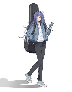 1girl black_hair black_pants blue_eyes blue_shoes blush cellphone closed_mouth collarbone ena_25ji full_body guitar_case hair_between_eyes hand_in_pocket hand_up highres holding holding_phone hoshino_ichika_(project_sekai) instrument_case jacket long_hair long_sleeves looking_at_viewer open_clothes open_jacket pants phone project_sekai round_collar shadow shirt shoes sidelocks simple_background smartphone sneakers solo standing t-shirt untied_shoelaces walking white_background white_shirt