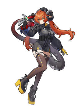 1girl absurdres black_gloves black_jacket black_thighhighs boots breasts brown_thighhighs closed_mouth demon_horns full_body gloves green_eyes hair_between_eyes high_heels highres horns jacket long_hair long_sleeves looking_at_viewer orange_hair orphie_magnusson pointy_ears red_pupils simple_background solo tail thighhighs tupikeee twintails very_long_hair white_background yellow_eyes zenless_zone_zero