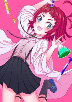1girl :3 :d absurdres ahoge akami_(sakanaakami) arm_up black_skirt black_socks blush bolo_tie green_eyes highres holding_beaker kimi_no_koto_ga_dai_dai_dai_dai_daisuki_na_100-nin_no_kanojo open_mouth pink_background pink_shirt potion red_hair sandals shirt skirt smile socks solo suspenders test_tube thick_eyebrows yakuzen_kusuri