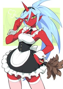 1girl adjusting_eyewear alternate_costume apron artist_name bare_shoulders blue_hair blush bow breasts bug cleavage colored_skin cropped_legs cuff_links demon_girl duster eyes_visible_through_hair fang frilled_apron frills green_eyes hand_on_own_hip holding holding_duster horns kneesocks_(psg) long_hair looking_at_viewer maid multicolored_eyes panty_&amp;_stocking_with_garterbelt pointy_ears ponytail qewie red_skin ringed_eyes single_horn solo thighhighs white_bow white_thighhighs