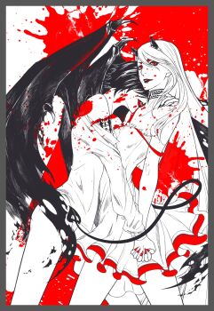 2girls bayonetta bayonetta bayonetta_(series) bayonetta_2 blood demon_girl dress fang holding_hands highres horns jeanne_(bayonetta) lipstick makeup monochrome multiple_girls red_eyes seedz sharp_nails tail tattoo wings yuri