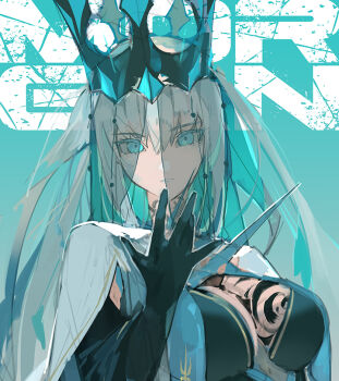 1girl black_gloves blue_eyes braid crown fate/grand_order fate_(series) gloves hair_between_eyes half_up_braid long_hair looking_at_viewer morgan_le_fay_(fate) morgan_le_fay_(queen_of_winter)_(fate) ponytail simple_background solo suzuhi_(fullprayer) veil very_long_hair white_hair