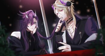 Rule 34 | 2boys, absurdres, banzoin hakka, bare shoulders, black nails, blonde hair, closed mouth, commentary, english commentary, first stage production, hand in another's hair, head on hand, highres, holostars, holostars english, horns, long sleeves, looking at viewer, male focus, multiple boys, pink eyes, pointy ears, purple eyes, purple hair, qvnashi, zander netherbrand