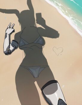 1girl absurdres animal_ears beach bikini boku_no_hero_academia breasts commentary drawing_on_sand dressed_shadow_(meme) female_pov heart highres holding holding_phone implied_nudity large_breasts long_hair mechanical_arms mechanical_legs meme mirko outdoors phone pov rabbit_ears rabbit_girl ratatatat74 sand shadow single_mechanical_arm single_mechanical_leg solo swimsuit symbol-only_commentary untied_bikini_top unworn_bikini v very_long_hair water white_bikini