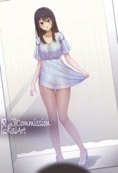 1girl arms_at_sides artist_name black_hair blue_dress blue_shoes blush brown_pantyhose collarbone commission dot_nose dress eyelashes female_focus full_body high_heels highres indoors long_hair looking_at_self mieruko-chan mirror open_mouth pantyhose reflection ryncka shoes short_sleeves sidelocks solo standing yellow_eyes yotsuya_miko