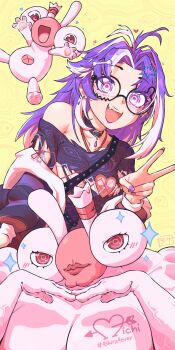 1girl antenna_hair artagoneztic bone_hair_ornament choker collarbone commentary english_commentary fang glasses hair_ornament highres jacket jared_(michi_mochievee) lipstick long_hair long_sleeves looking_at_viewer makeup michi_mochievee michi_mochievee_(teen) multicolored_eyes multicolored_hair official_alternate_costume one_side_up open_clothes open_jacket open_mouth pink_eyes purple_eyes purple_hair purple_lips purple_nails shirt single_bare_shoulder single_off_shoulder smile star_(symbol) star_hair_ornament stitched_face stitches streaked_hair torn_clothes torn_shirt two-tone_eyes two-tone_hair v virtual_youtuber vshojo white_hair